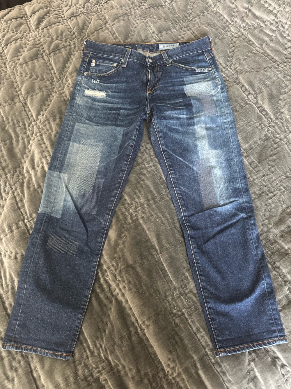 AG Dark Blue Patchwork Straight-Leg Jeans 27R